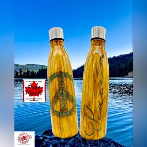 Peace 17oz epoxy sealed water bottle,hand painted wood grain,blue glitter inlays